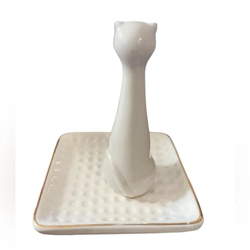 Whimsical Kitty Cat Trinket Tray White Ceramic Gold Accented‎